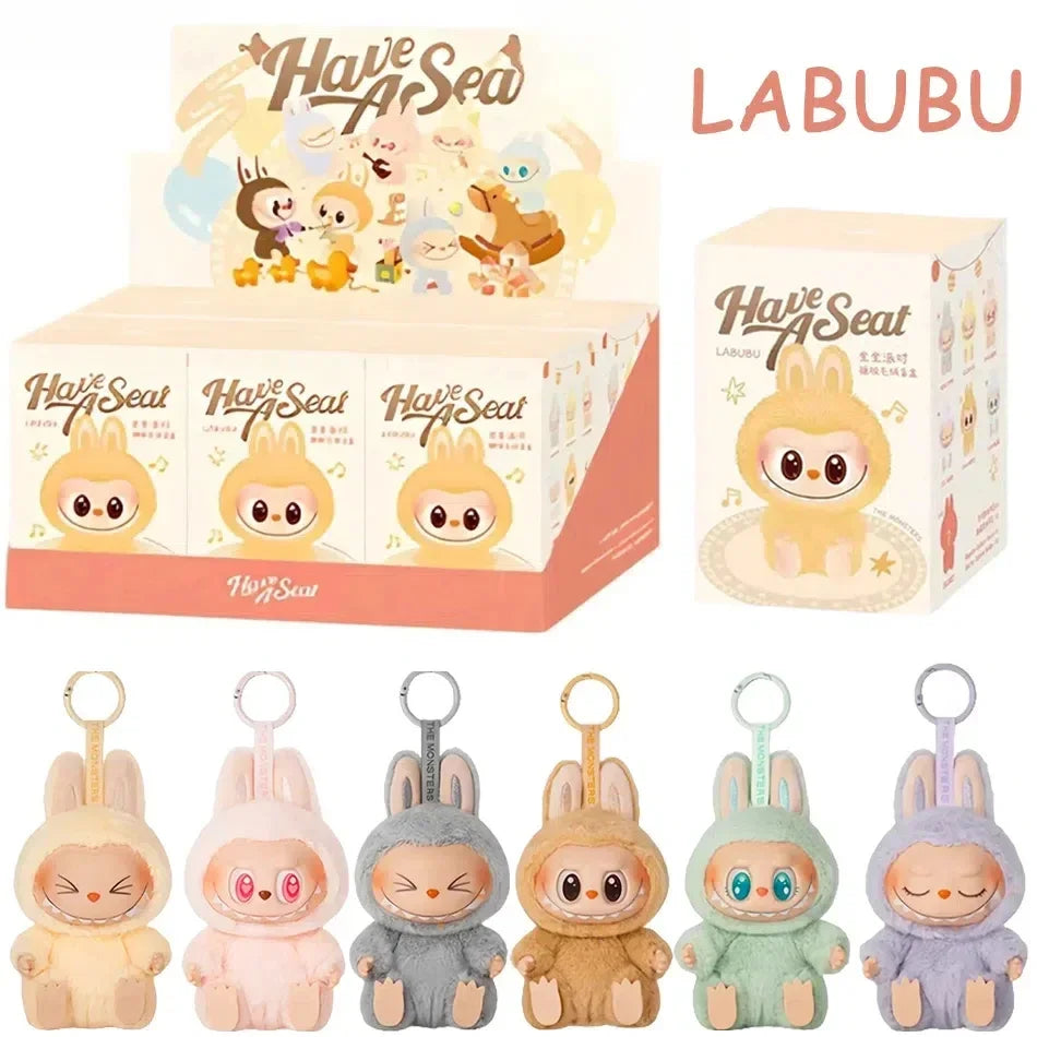 Anime Figure Kawaii Labubu Blind Box Have A Seat Series PVC Pendant Doll Model Toy Purple Monster Keychain Kids Birthday Gifts