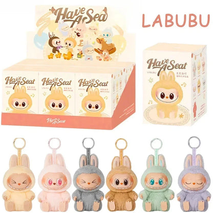 Anime Figure Kawaii Labubu Blind Box Have A Seat Series PVC Pendant Doll Model Toy Purple Monster Keychain Kids Birthday Gifts